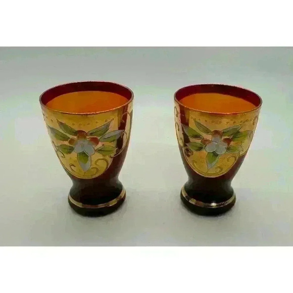 MCM Vintage Cranberry Shot Glasses set of Two Hand Painted Gold Band Beautiful - Picture 2 of 10